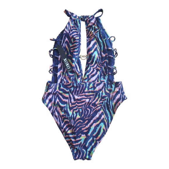 XOXO Womens High Neck Deep Plunge Multicolored Zebra Swimsuit Size Medium NWT - Picture 4 of 9